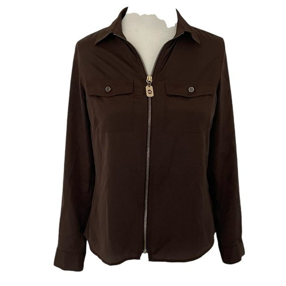 MICHAEL Michael Kors Womens Top Full Zip Long Sleeve Roll Tab Brown Size S - Picture 1 of 7
